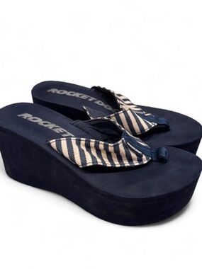 Rocket Dog Navy Wedge Flip Flops with Beige Striped Straps